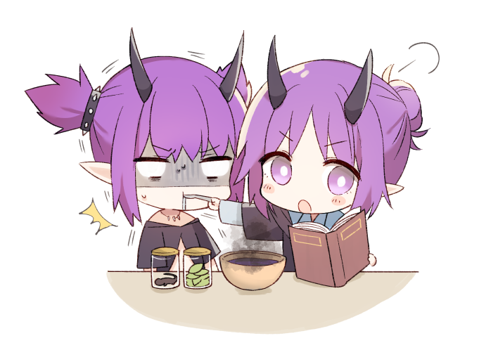 2girls :o arknights bangs black_jacket black_shirt blue_shirt blush_stickers book bowl chibi collared_shirt eyebrows_visible_through_hair feeding hair_bun hibiscus_(arknights) holding holding_book holding_spoon horns jacket lava_(arknights) layered_sleeves long_sleeves multiple_girls open_book open_mouth parted_bangs pointy_ears purple_hair shirt short_over_long_sleeves short_sleeves siblings simple_background sisters spikes spoon sweat toufu_mentaru_zabuton turn_pale twintails violet_eyes white_background