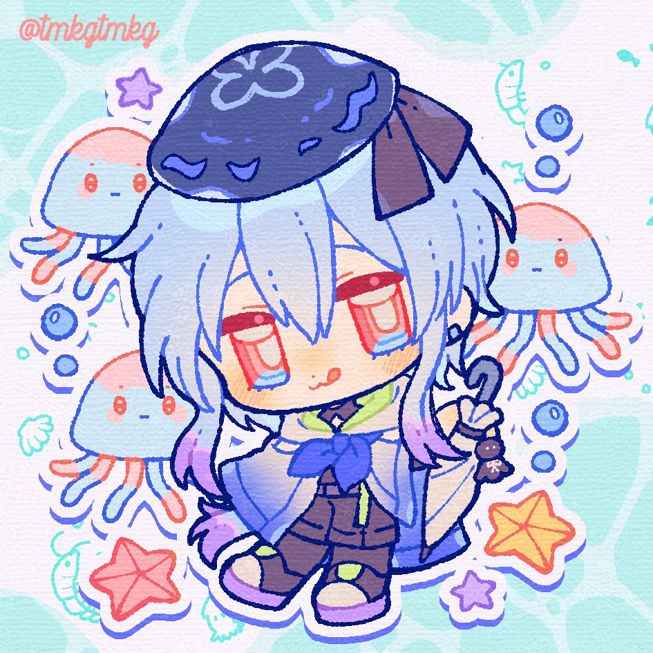 1boy arknights blue_hair blue_ribbon chibi hat jellyfish long_hair male_focus mizuki_(arknights) oyster ribbon shrimp smile solo star_(symbol) starfish tmkgtmkg tongue tongue_out umbrella violet_eyes