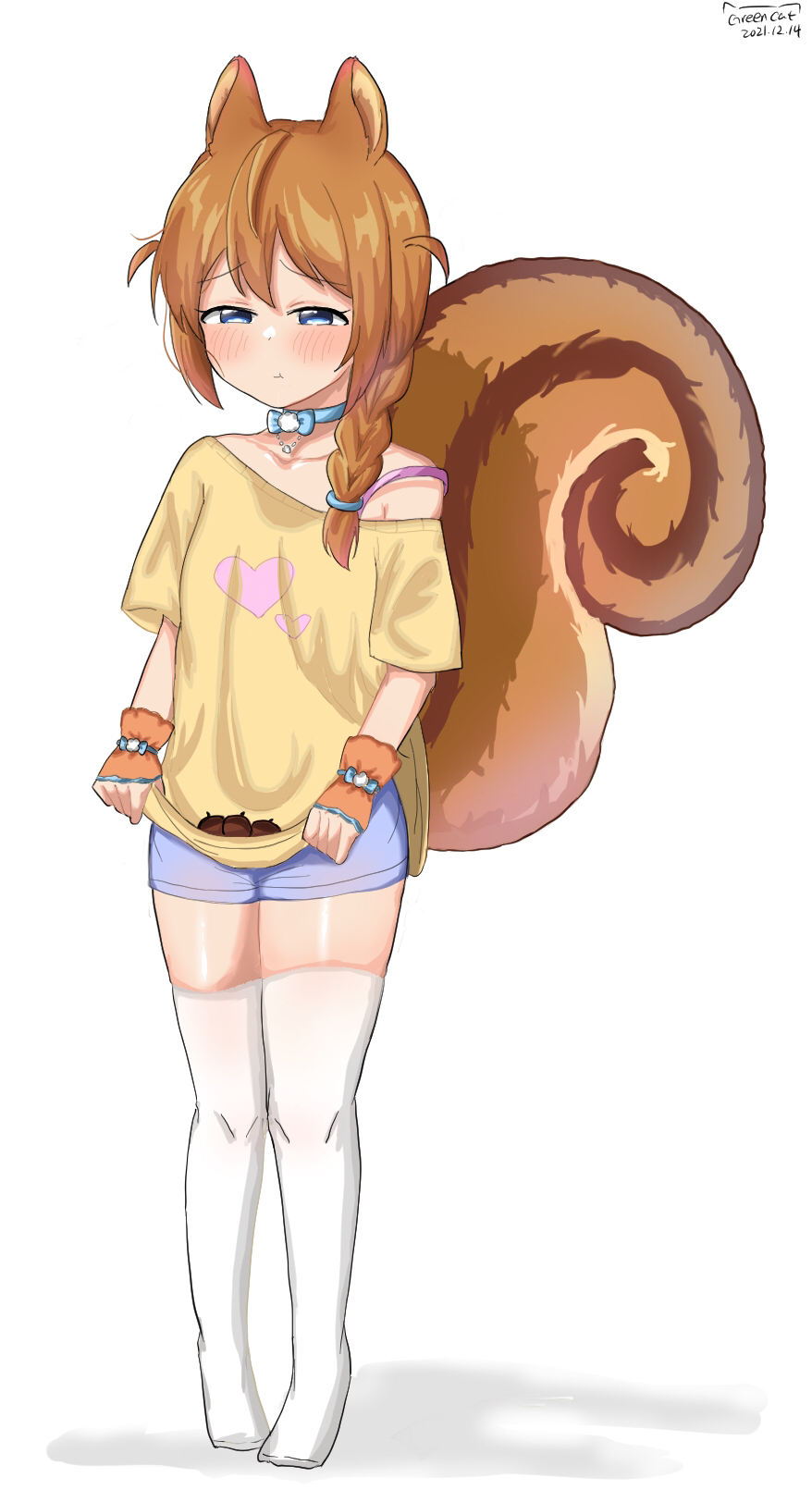 1girl acorn animal_ears baba_konomi blue_eyes bra_strap brown_hair fingerless_gloves gloves highres idolmaster idolmaster_million_live! idolmaster_million_live!_theater_days looking_at_viewer off_shoulder pout shirt shorts socks solo squirrel_ears squirrel_girl squirrel_tail tail thigh-highs vnekov zettai_ryouiki