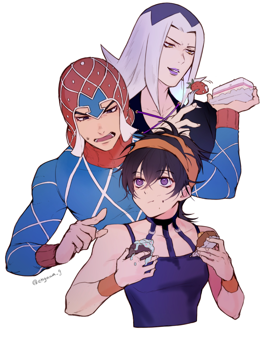 3boys 723_(tobi) bangs beanie black_eyes black_hair blue_shirt cake cake_slice eating food food_on_face fruit grey_hair guido_mista hat holding holding_food jojo_no_kimyou_na_bouken leone_abbacchio long_sleeves multiple_boys narancia_ghirga open_mouth orange_headwear purple_lips shirt simple_background sleeveless sleeveless_shirt strawberry twitter_username vento_aureo violet_eyes white_background yellow_eyes