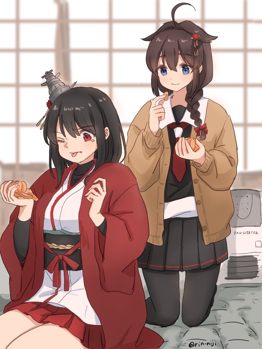 2girls ahoge bangs black_hair black_legwear black_skirt blue_eyes blush braid breasts brown_hair commentary_request eyebrows_visible_through_hair food fruit hair_between_eyes hair_flaps hair_ornament headgear heater indoors japanese_clothes kantai_collection kneeling long_hair multiple_girls one_eye_closed orange_(fruit) pantyhose pleated_skirt red_eyes rin_(rin_niji) sailor_collar school_uniform serafuku shigure_(kancolle) shigure_kai_ni_(kancolle) single_braid sitting skirt sliding_doors sour_(taste) tears twitter_username undershirt yamashiro_(kancolle)