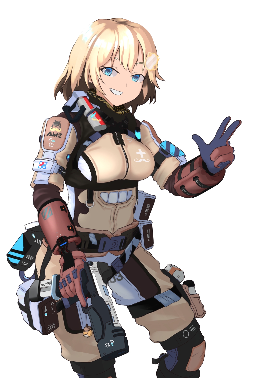 1girl blonde_hair blue_eyes breasts brown_gloves bubba_(watson_amelia) cosplay english_commentary eyebrows_behind_hair gloves gun hair_ornament handgun highres holding holding_gun holding_weapon hololive hololive_english knee_pads looking_at_viewer medium_breasts monocle_hair_ornament pilot_(titanfall_2) pilot_(titanfall_2)_(cosplay) pilot_suit pistol re-45_auto sate short_hair solo titanfall_(series) titanfall_2 v v-shaped_eyebrows virtual_youtuber watson_amelia weapon white_background