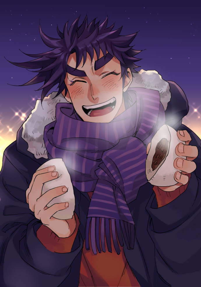 1boy ^_^ battle_tendency black_hair blush closed_eyes coat fur-trimmed_coat fur_trim incoming_food jojo_no_kimyou_na_bouken joseph_joestar joseph_joestar_(young) male_focus purple_hair purple_scarf red_shirt scarf shirt snack solo steam striped striped_scarf sunabu winter_clothes winter_coat