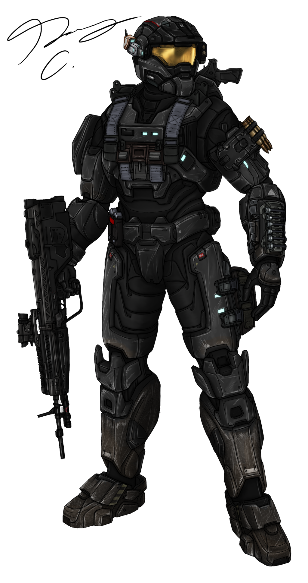 1boy battle_rifle bullpup commission gloves gun halo:_reach halo_(series) helmet highres holding holding_gun holding_weapon looking_to_the_side m392_marksman open_hand pickledgear power_armor rifle solo spartan_(halo) visor weapon