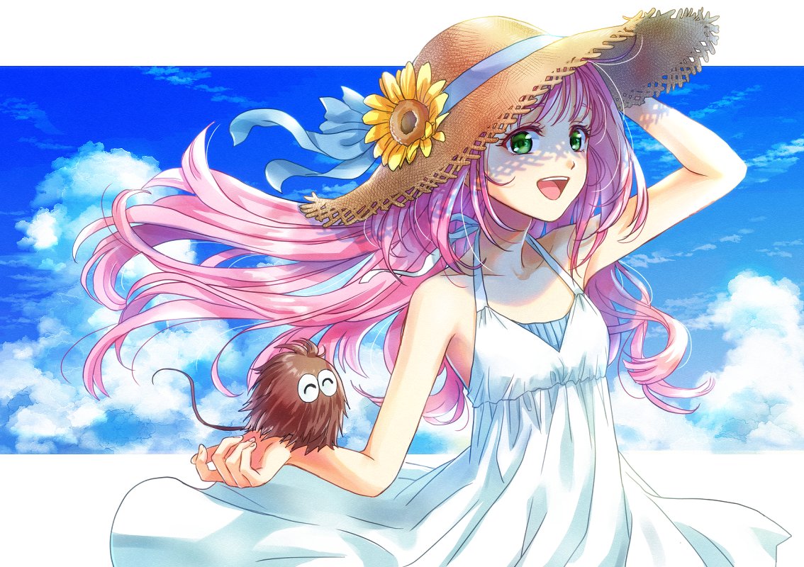 1girl :d ^_^ akira_ituki arm_up blue_ribbon blue_sky border closed_eyes clouds collarbone dress floating_hair flower green_eyes guvava halterneck hat hat_flower hat_ribbon letterboxed long_hair macross macross_7 mylene_jenius pink_hair ribbon shiny shiny_hair sky sleeveless sleeveless_dress smile solo straw_hat sun_hat sundress sunflower very_long_hair white_border white_dress yellow_flower