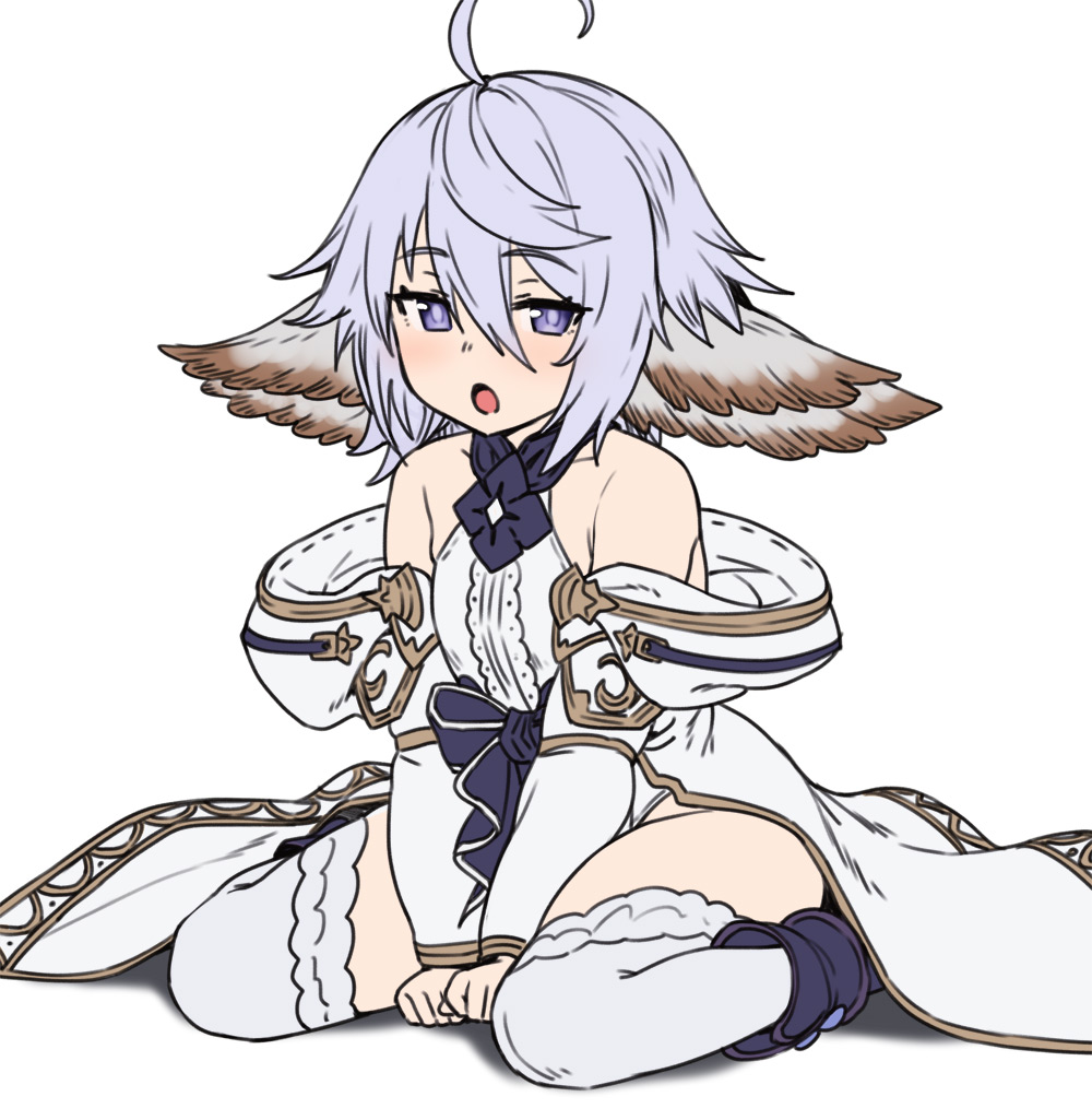 1girl :o ahoge animal_ears bangs bare_shoulders between_legs center_frills commentary_request eyebrows_visible_through_hair frills granblue_fantasy hair_between_eyes hand_between_legs houtengeki light_purple_hair looking_at_viewer open_mouth short_hair sitting solo thigh-highs v_arms violet_eyes wamdus_(granblue_fantasy)