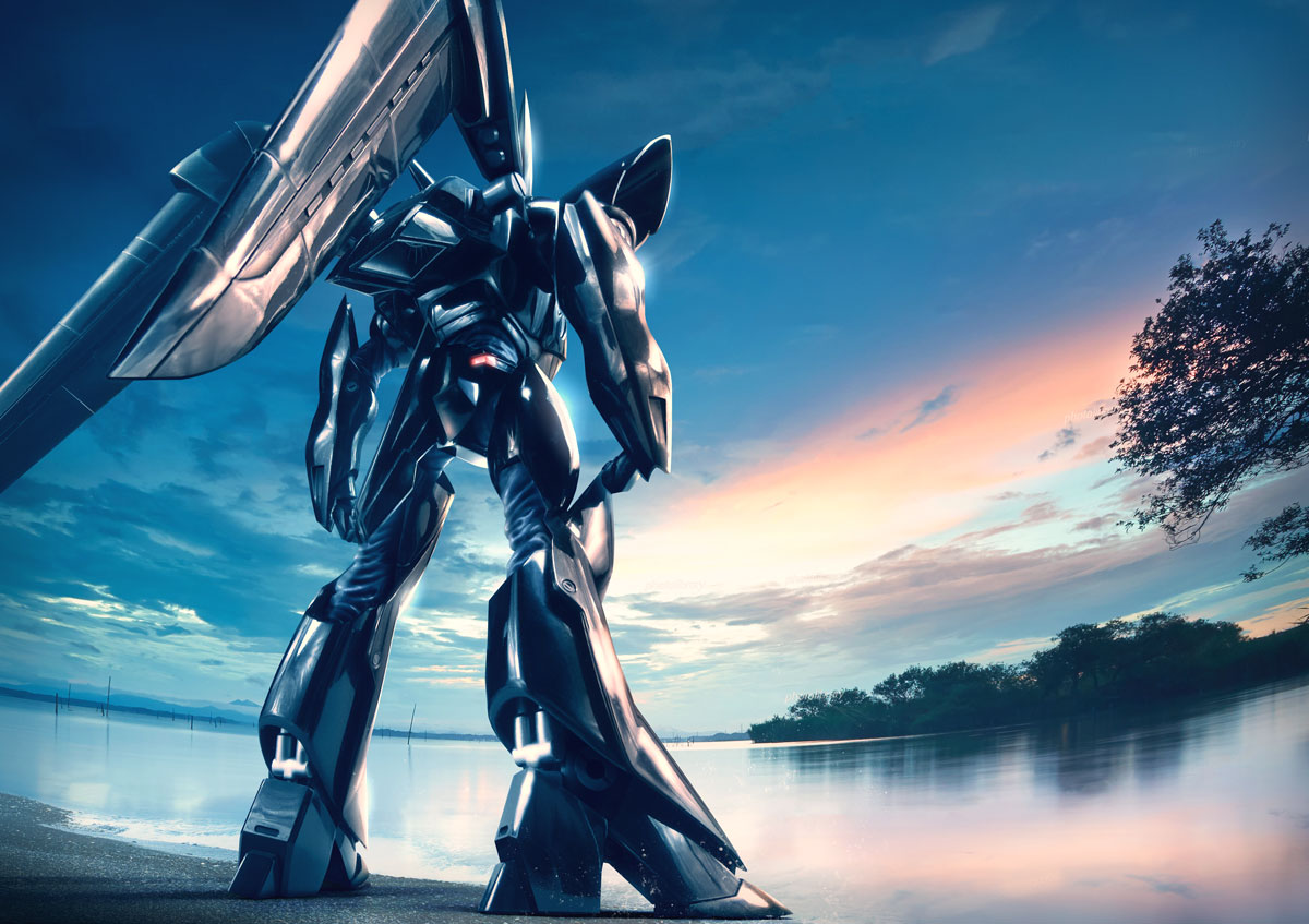 clenched_hand from_behind hiropon_(tasogare_no_puu) kidou_keisatsu_patlabor mecha mechanical_wings no_humans open_hand photo_background science_fiction sky solo standing sunset type_j-9_griffon water wings