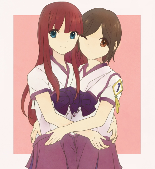 2girls akizuki_maria arisaka_(pixiv729953) blue_eyes brown_eyes brown_hair long_hair looking_at_viewer multiple_girls red_hair red_hair school_uniform shin_sekai_yori short_hair smile watanabe_saki yuri