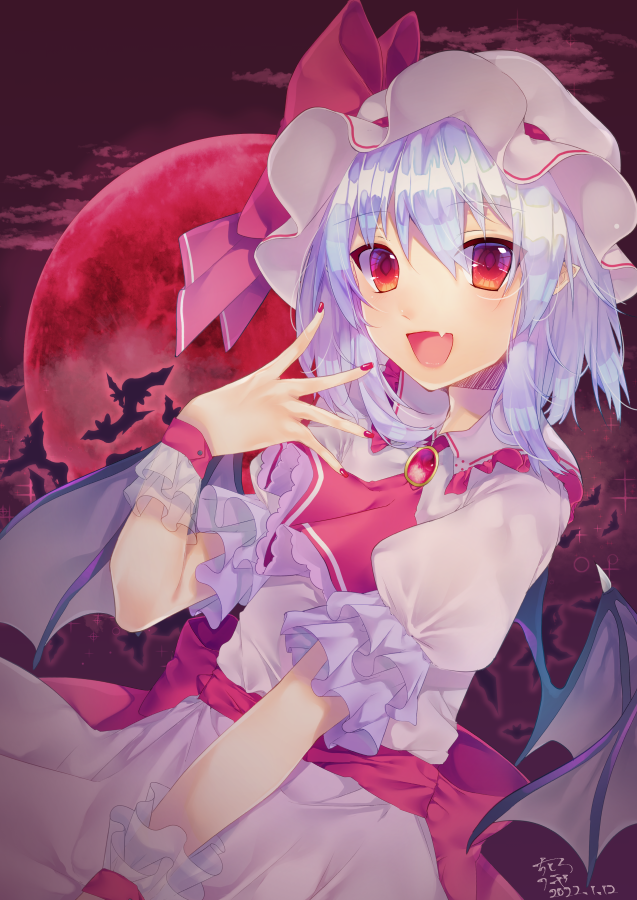 1girl :d ascot bangs bat bow brooch collared_shirt commentary demon_wings eyebrows_visible_through_hair fang frilled_sleeves frills hair_between_eyes hat hat_bow jewelry light_purple_hair looking_at_viewer medium_hair mob_cap moon night open_mouth outdoors puffy_sleeves red_ascot red_bow red_eyes red_moon red_nails red_sash red_sky remilia_scarlet sash shirt sidelocks signature skin_fang sky smile solo sparkle touhou unya_(coco121955) upper_body white_shirt wings