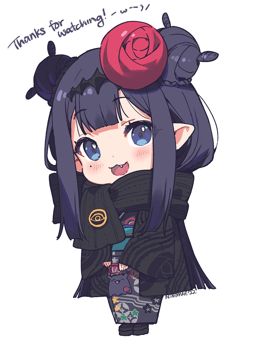 1girl :3 :d artist_name bangs blunt_bangs blush chibi double_bun english_commentary eyebrows_visible_through_hair fang flower full_body hair_flower hair_ornament haori headpiece highres hololive hololive_english japanese_clothes kimono looking_at_viewer mole mole_under_eye ninomae_ina'nis ninomae_ina'nis_(artist) pointy_ears purple_hair scarf self-portrait simple_background smile solo standing tako_(ninomae_ina'nis) thank_you violet_eyes white_background