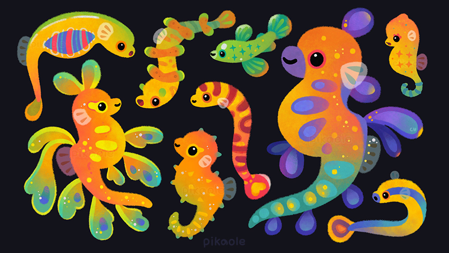 animal animal_focus artist_name black_background black_eyes closed_mouth eel fins fish green_eyes heart leafy_seadragon no_humans open_mouth orange_eyes original pikaole pink_eyes seahorse simple_background smile spots tail_fin