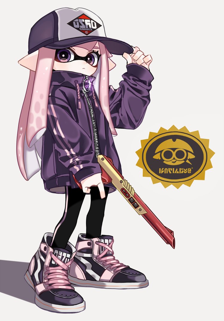 1girl adjusting_clothes adjusting_headwear bangs baseball_cap black_legwear blue_headwear blue_jacket blunt_bangs brooch closed_mouth cross-laced_footwear double_vertical_stripe drawstring fangs full_body grey_background hat high_tops holding holding_weapon inkling jacket jewelry leggings light_frown logo long_hair long_sleeves looking_at_viewer maco_spl n-zap_(splatoon) pink_background pink_hair pointy_ears shadow sheldon_(splatoon) shoes single_horizontal_stripe single_vertical_stripe sneakers solo sparkle splatoon_(series) splatoon_2 standing tentacle_hair weapon zipper