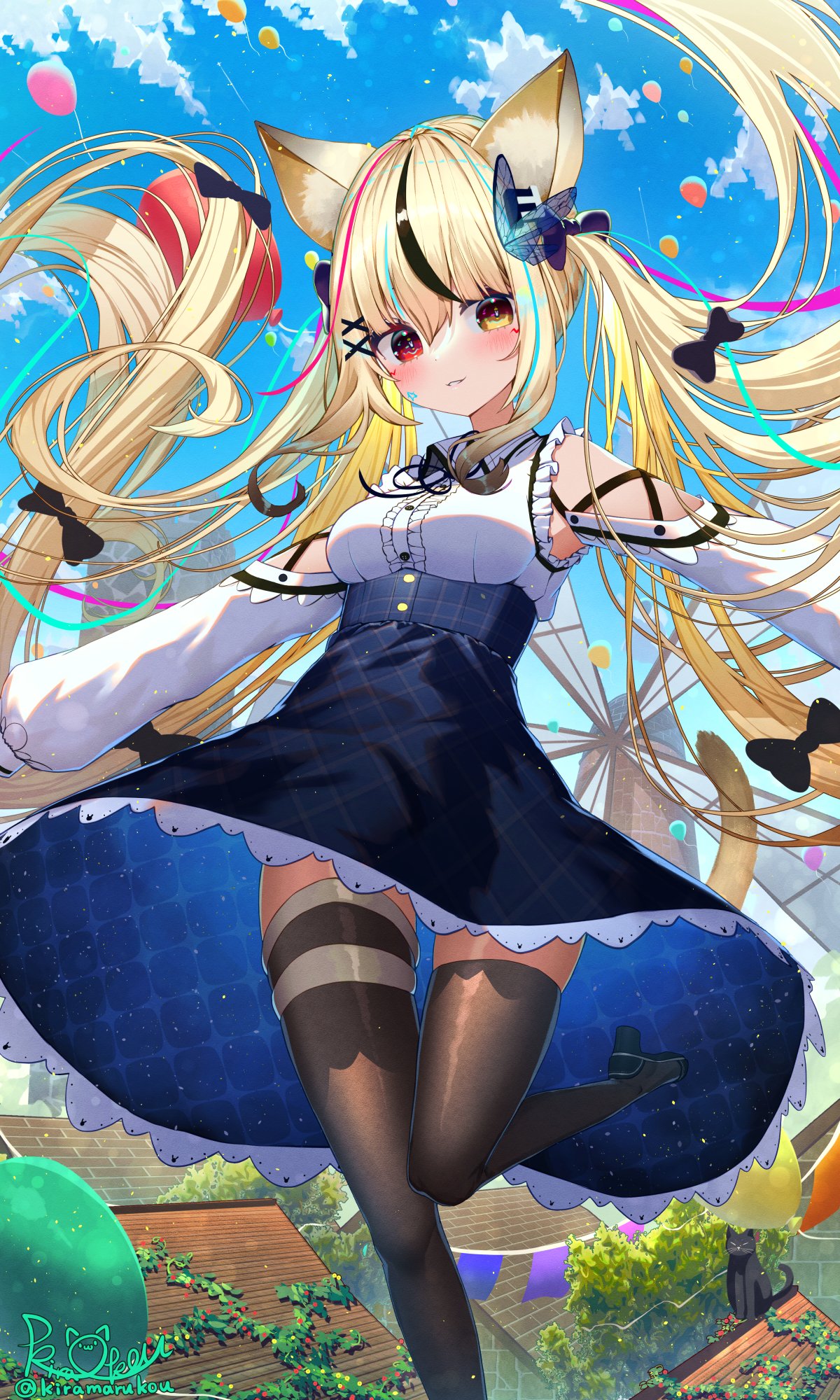 1girl animal_ears balloon bangs black_bow black_legwear black_skirt blonde_hair blue_sky bow butterfly_hair_ornament cat_ears cat_tail cityscape clouds hair_bow hair_ornament hairclip heterochromia highres house kiramarukou leg_up long_hair long_sleeves looking_at_viewer multiple_bows original outdoors pantyhose parted_lips red_eyes signature skirt sky smile solo tail thigh-highs twintails twitter_username windmill yellow_eyes