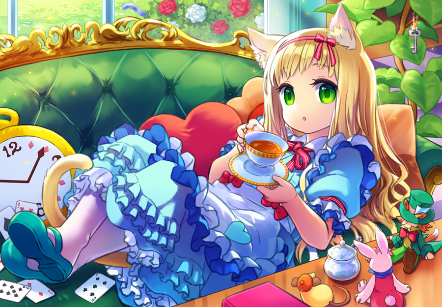 1girl :o alice_(alice_in_wonderland) animal animal_ear_fluff animal_ears bangs blonde_hair blue_dress blue_footwear book bow bow_dress card cat cat_ears cat_girl cat_tail checkered_floor clock couch crossed_legs cup day dress eyebrows_visible_through_hair flower frilled_dress frills grass green_eyes hair_bow hairband hisana holding holding_cup indoors key keychain long_hair looking_at_viewer lying medium_dress on_back original pillow plant playing_card potted_plant red_hairband rose saucer short_sleeves slippers solo sugar_bowl sugar_cube tail tea teacup toy white_legwear window