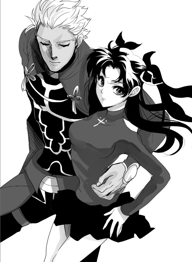 1boy 1girl archer_(fate) arm_around_back dark-skinned_male dark_skin fate/stay_night fate_(series) greyscale hair_ribbon monochrome pleated_skirt ribbon skirt tattsun_(denden0417) tohsaka_rin turtleneck two_side_up