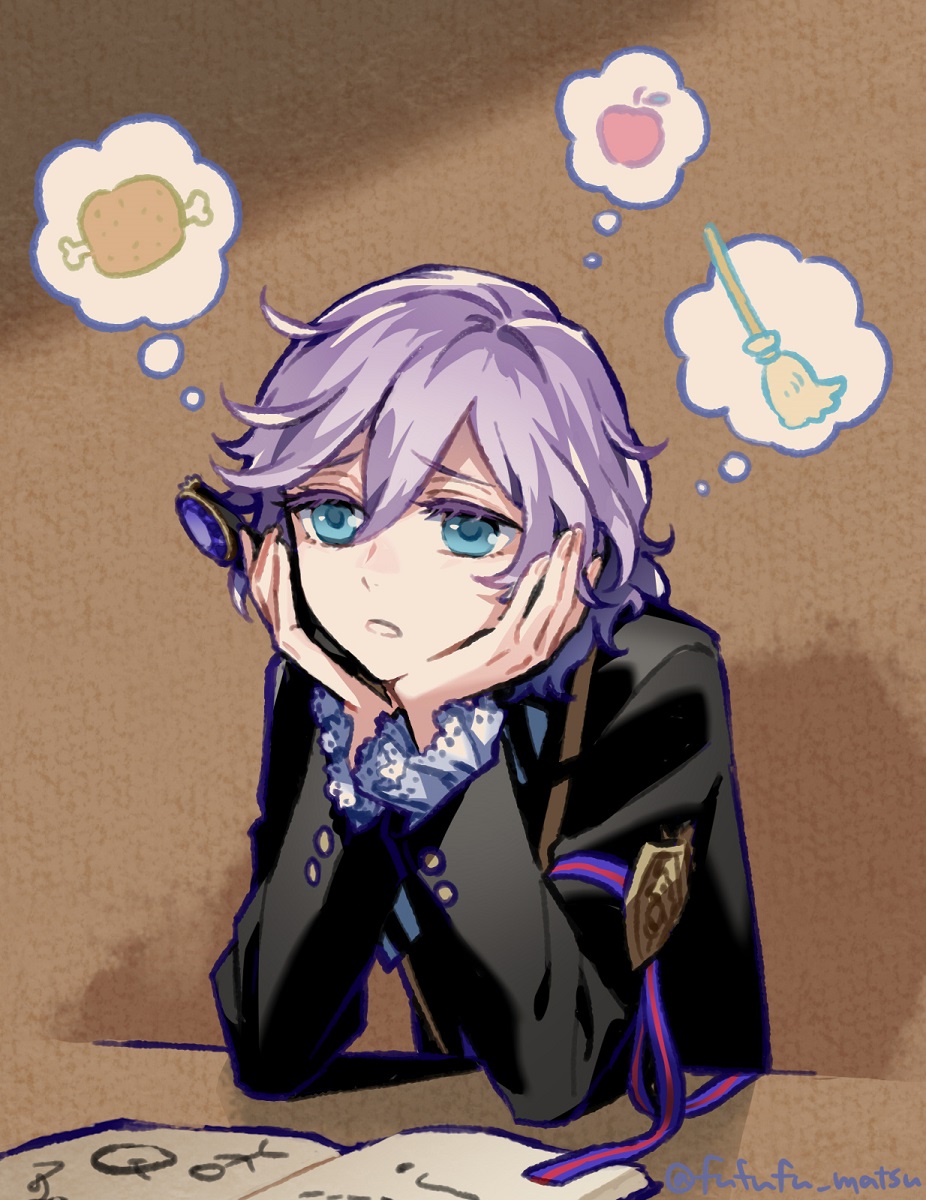 1boy androgynous apple blue_eyes broom epel_felmier food fruit funuyu head_rest highres looking_to_the_side meat pale_skin purple_hair school_uniform thinking thought_bubble twisted_wonderland