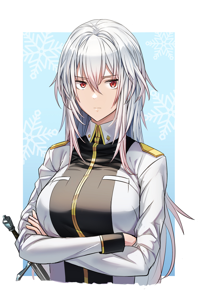 1girl blue_background border breasts commentary_request crossed_arms expressionless hair_between_eyes highres kengzeta knight large_breasts long_hair looking_at_viewer original red_eyes snowflake_background solo sword two-tone_background weapon white_border white_hair