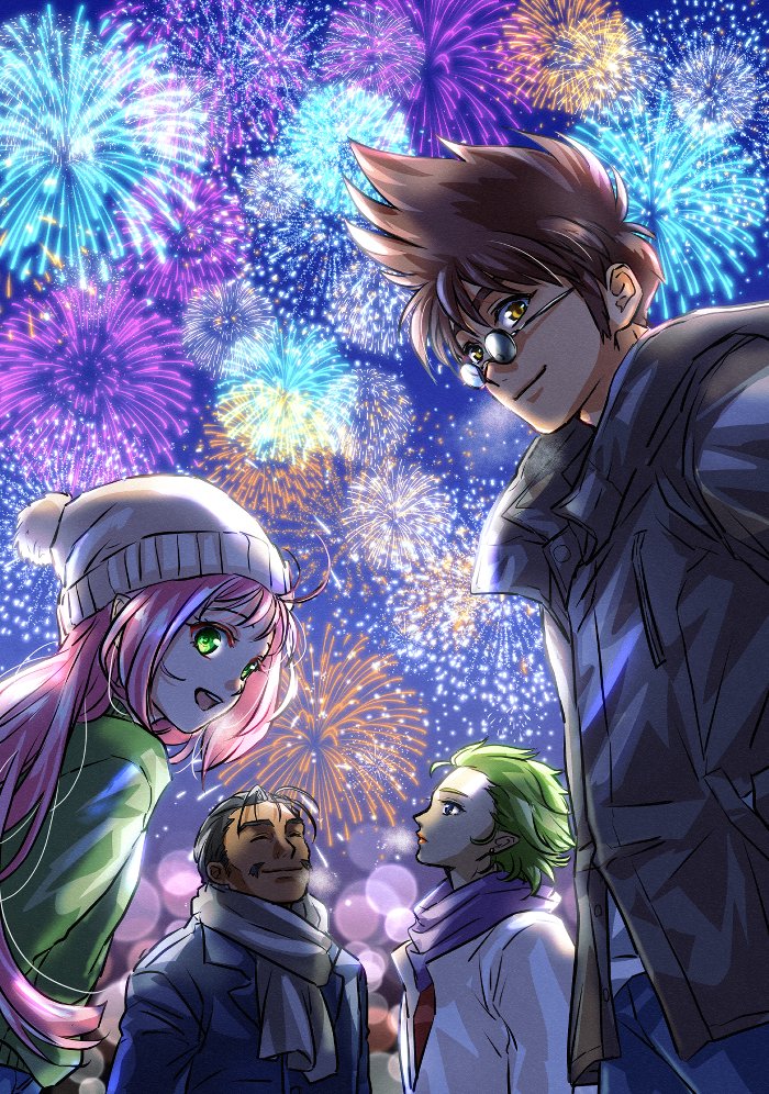 2boys 2girls :d akira_ituki blue_eyes blue_pants brown_coat brown_eyes brown_hair closed_eyes closed_mouth coat facial_hair fire_bomber fireworks green_eyes green_hair green_sweater grey_scarf hand_in_pocket lens_flare long_hair looking_at_viewer looking_back looking_down macross macross_7 multiple_boys multiple_girls mustache mylene_jenius nekki_basara pants pink_hair pointy_ears profile purple_skirt ray_lovelock round_eyewear scarf shiny shiny_hair short_hair skirt smile spiky_hair straight_hair sunglasses sweater veffidas_feaze very_long_hair white_headwear