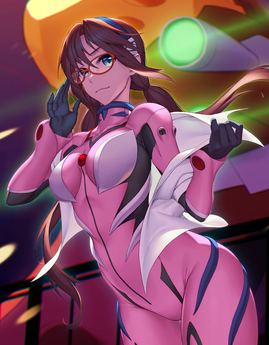 1girl bangs blue_eyes bodysuit breasts brown_hair closed_mouth commentary eva_02 evangelion:_2.0_you_can_(not)_advance glasses hairband highres long_hair looking_at_viewer makinami_mari_illustrious medium_breasts neon_genesis_evangelion open_clothes open_shirt pink_bodysuit plugsuit railing rebuild_of_evangelion red-framed_eyewear rotix smile solo twintails