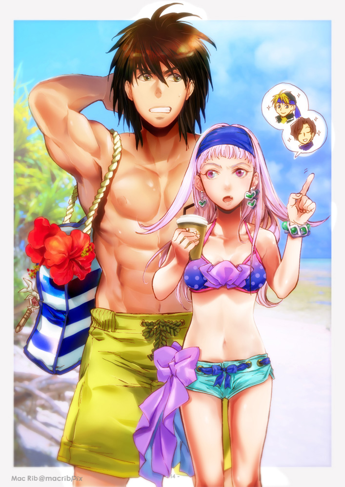 1boy 1girl abs bag bangs bare_shoulders bikini_top blue_hairband bracelet breasts earrings feet_out_of_frame flik gensou_suikoden gensou_suikoden_ii hairband hand_behind_head holding index_finger_raised jewelry klaus_windamier long_hair macrib medium_breasts midriff navel open_mouth polka_dot polka_dot_bikini_top short_shorts shorts sierra_mikain standing suikoden_ii swimsuit tree viktor