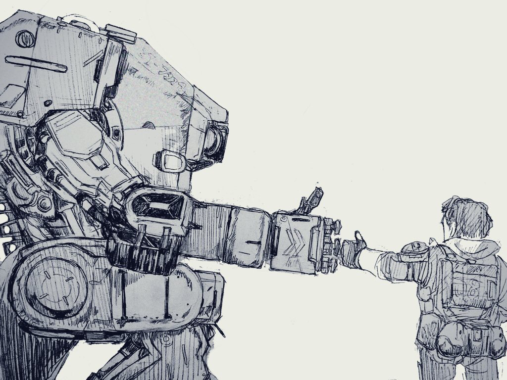 1boy bt-7274 fist_bump from_behind gloves greyscale jack_cooper kaiko_(user_twnz2337) looking_at_viewer mecha monochrome one-eyed one_knee pilot_suit piston scarf science_fiction thumbs_up titanfall_(series) titanfall_2