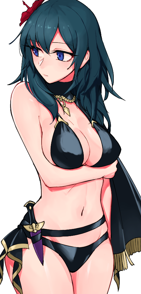 1girl bangs bare_arms bare_shoulders bikini black_bikini blue_eyes blue_hair breasts byleth_(fire_emblem) byleth_eisner_(female) commentary_request cowboy_shot dagger fire_emblem fire_emblem:_three_houses fire_emblem_heroes flower groin hair_between_eyes hair_flower hair_ornament hattori_(omegamega1001) knife large_breasts long_hair looking_to_the_side navel partial_commentary red_flower sheath sheathed simple_background solo standing stomach swimsuit weapon white_background
