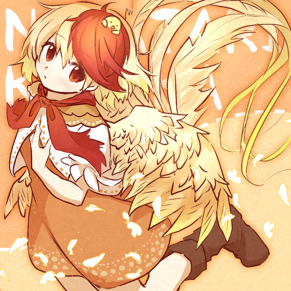 1girl animal_on_head bird bird_on_head bird_tail bird_wings blonde_hair boots brown_footwear capelet chick chicken commentary_request dress drruraguchi feathered_wings multicolored_hair niwatari_kutaka on_head orange_capelet orange_dress red_eyes red_neckwear red_ribbon redhead ribbon shirt short_hair tail tail_feathers touhou two-tone_hair white_shirt wings yellow_wings