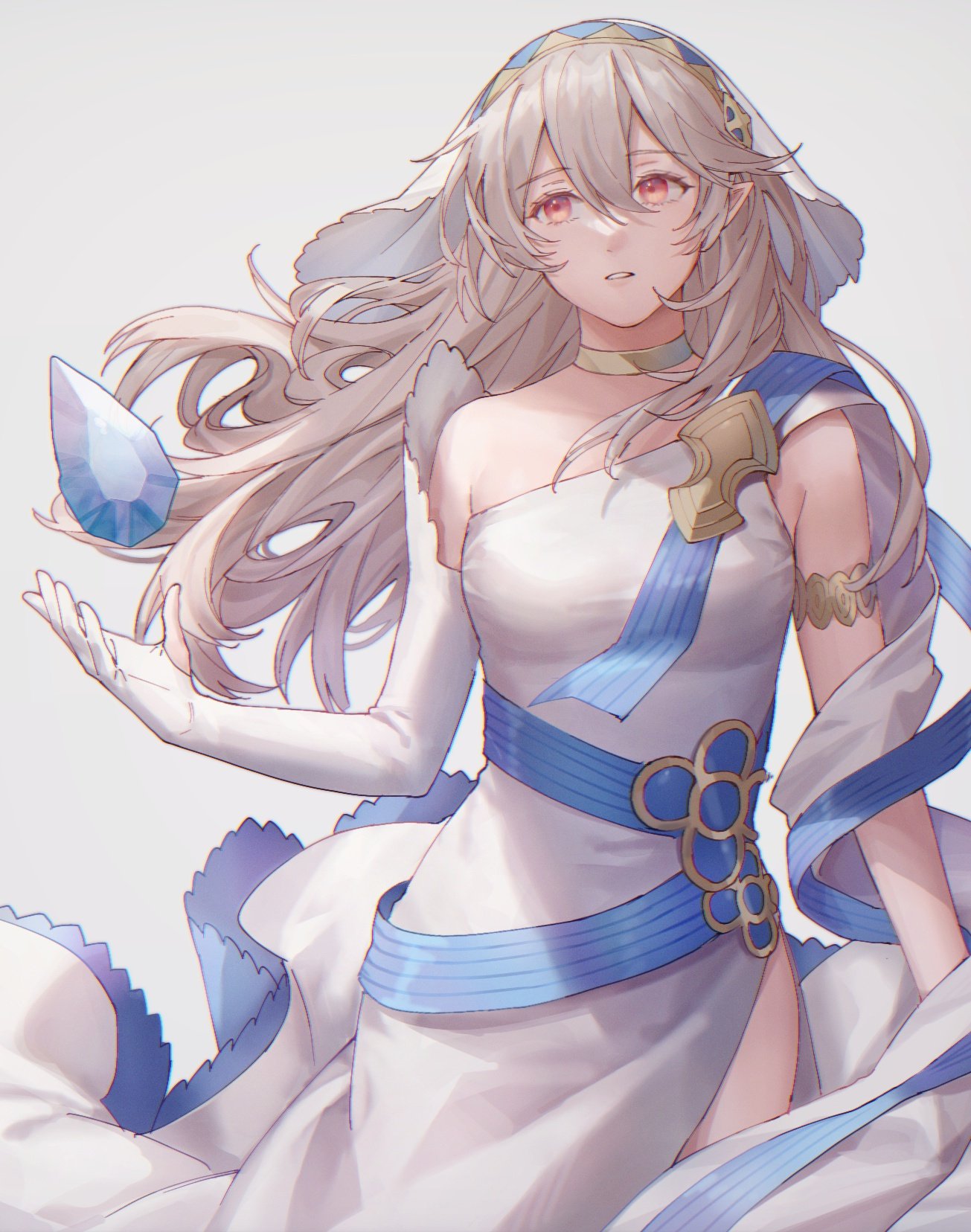 1girl ai_tkkm alternate_costume armlet asymmetrical_clothes bangs commentary_request corrin_(fire_emblem) corrin_(fire_emblem)_(female) dragonstone dress elbow_gloves eyebrows_visible_through_hair fire_emblem fire_emblem_fates fire_emblem_heroes floating floating_hair floating_object gloves grey_hair hair_between_eyes highres jewelry long_dress long_hair looking_away official_alternate_costume pointy_ears red_eyes simple_background single-shoulder_dress single_glove solo veil white_dress white_gloves white_veil