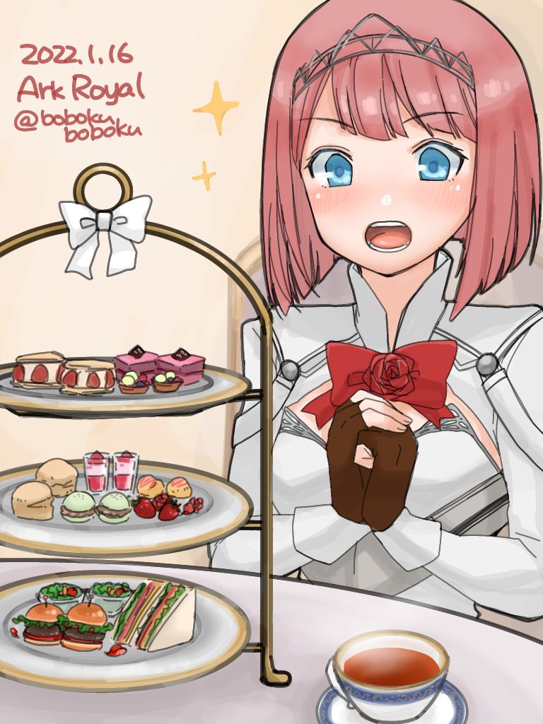 1girl ark_royal_(kancolle) bangs beige_background blunt_bangs bob_cut bobokuboboku bow bowtie brown_gloves burger character_name commentary_request cup dated fingerless_gloves flower food fruit gloves hairband kantai_collection macaron one-hour_drawing_challenge red_bow red_bowtie red_flower red_rose redhead rose sandwich short_hair solo sparkle strawberry teacup tiered_tray twitter_username upper_body