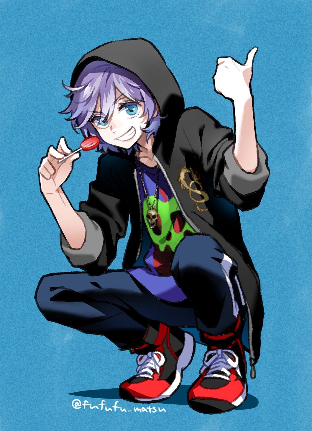 &gt;:) 1boy androgynous blue_eyes candy epel_felmier food full_body funuyu gesture highres lollipop looking_at_viewer pale_skin pointing_to_the_side purple_hair shoes smirk sneakers squatting twisted_wonderland v-shaped_eyebrows