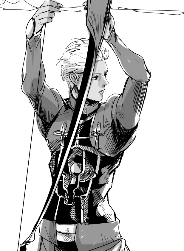 1boy archer_(fate) archery arrow_(projectile) bow_(weapon) dark-skinned_male dark_skin drawing_bow fate/stay_night fate_(series) holding holding_arrow holding_bow_(weapon) holding_weapon kyuudou male_focus solo weapon