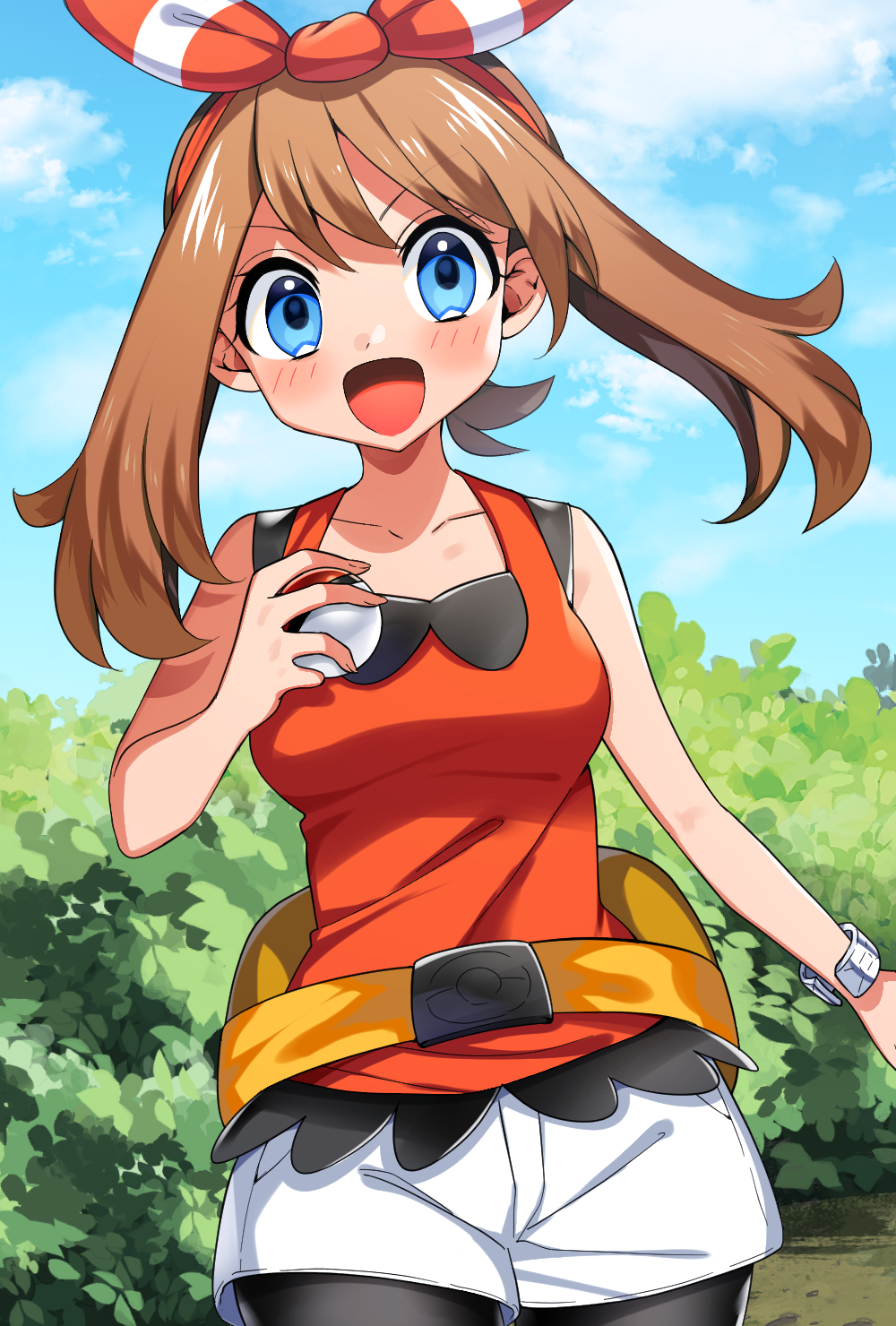 1girl :d bangs black_legwear blue_eyes blue_sky bow bow_hairband breasts brown_hair clouds collarbone cowboy_shot day eyebrows_visible_through_hair hair_between_eyes hair_bow hairband highres holding holding_poke_ball legwear_under_shorts long_hair looking_at_viewer may_(pokemon) medium_breasts outdoors pantyhose poke_ball pokemon pokemon_(game) pokemon_oras red_bow red_hairband red_shirt shiny shiny_hair shirt short_shorts shorts sky sleeveless sleeveless_shirt smile solo standing twintails white_shorts yuihico