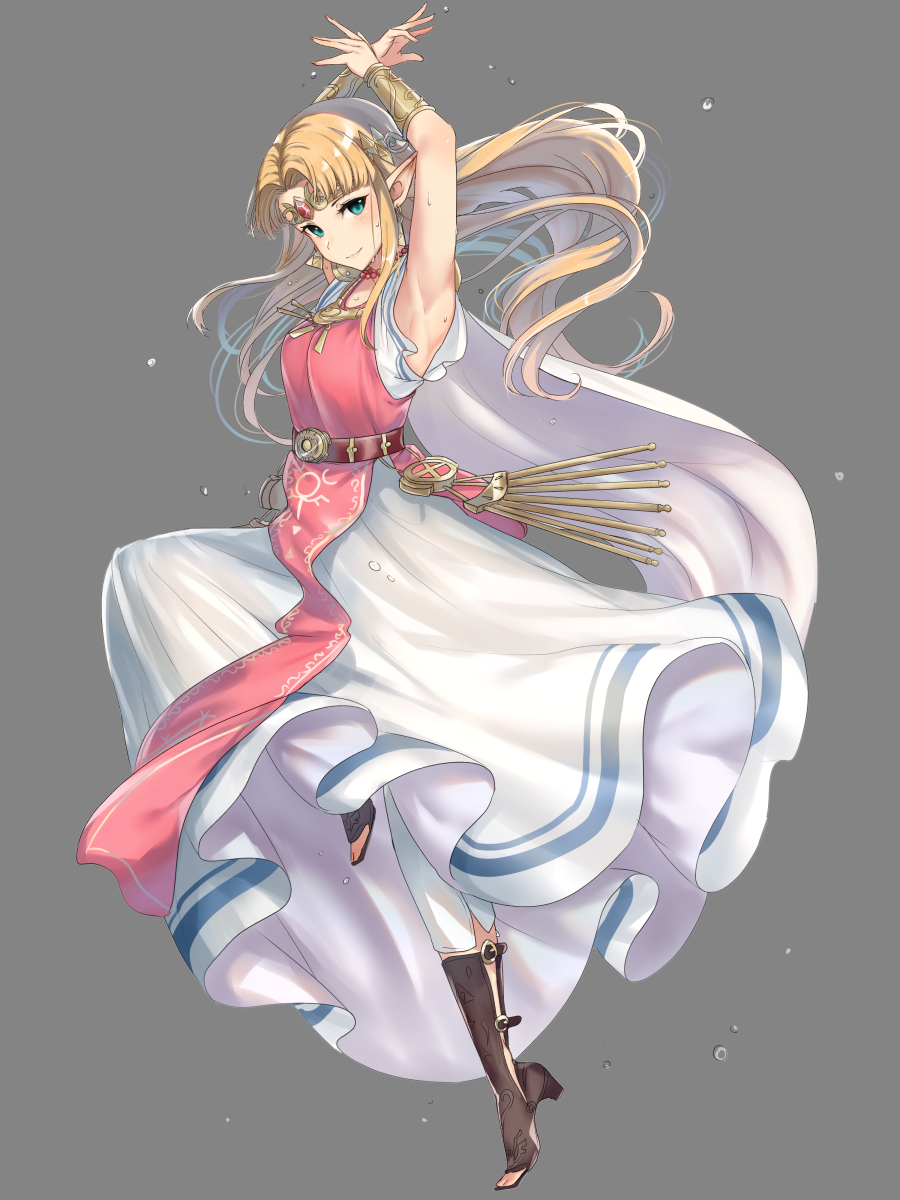 1girl armpits arms_up blonde_hair blue_eyes blush boots bracelet dress gown grey_background haru_(nakajou-28) highres jewelry leg_up long_dress long_hair looking_at_viewer pants pointy_ears princess_zelda simple_background smile solo sweat the_legend_of_zelda the_legend_of_zelda:_a_link_between_worlds the_legend_of_zelda:_a_link_to_the_past white_dress wristband