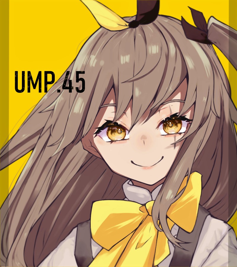 1girl bangs bow bowtie brown_eyes brown_hair character_name commentary girls_frontline hair_between_eyes hair_ribbon looking_at_viewer official_alternate_costume one_side_up palaiva_0118 ribbon scar scar_across_eye shirt smile solo ump45_(girls'_frontline) ump45_(the_wish-making_sorceress_of_fireworks)_(girls'_frontline) upper_body white_shirt yellow_background yellow_bow yellow_bowtie yellow_eyes