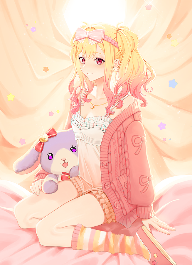 1girl 2_(artist) arm_at_side arm_support backlighting bare_shoulders bed_sheet blonde_hair bloomers breasts buttons cable_knit camisole cardigan closed_mouth collarbone crescent crescent_necklace curtains fingernails frills full_body glint gradient gradient_hair hair_between_eyes hair_ribbon hairband hand_on_own_leg jewelry light_particles looking_at_viewer loose_socks moon multicolored_hair musical_note musical_note_print necklace open_cardigan open_clothes pink_cardigan pink_eyes pink_hair pink_hairband pink_ribbon project_sekai ribbon ribbon_print sidelocks sitting sleepwear slippers small_breasts smile socks solo spaghetti_strap staff_(music) striped striped_legwear stuffed_animal stuffed_bunny stuffed_toy tenma_saki tsurime twintails underwear wavy_hair white_camisole