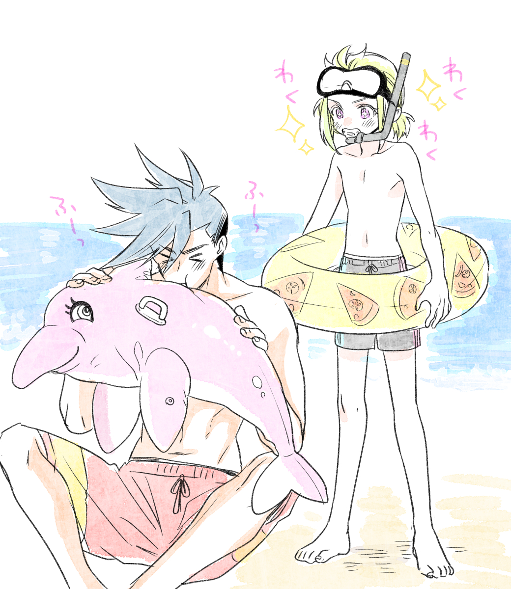 &gt;_&lt; 2boys androgynous beach blue_hair dolphin galo_thymos green_hair highres innertube kisekisaki lio_fotia male_focus male_swimwear multiple_boys promare sidecut snorkel sparkle spiky_hair swim_trunks topless_male toy_dolphin violet_eyes