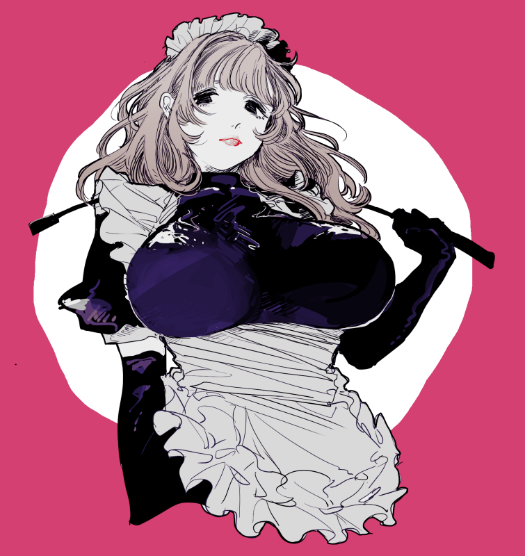 1girl apron black_eyes bobbbob breasts brown_hair commentary elbow_gloves gloves holding large_breasts latex light_brown_hair lips long_hair looking_to_the_side maid maid_apron maid_headdress original over_shoulder pink_background riding_crop solo upper_body