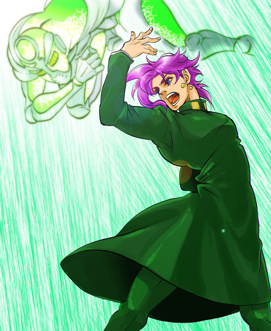 2boys blue_eyes coat earrings fighting_stance gakuran green_coat hierophant_green jewelry jojo_no_kimyou_na_bouken kakyoin_noriaki long_coat male_focus multiple_boys narrow_waist pink_hair pose school_uniform stand_(jojo) stardust_crusaders tattsun_(denden0417)