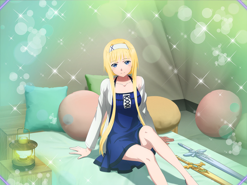 1girl alice_zuberg bare_legs blonde_hair blue_dress blue_eyes blue_rose_sword blush breasts closed_mouth collarbone dress game_cg hair_intakes hairband halterneck lens_flare long_hair long_sleeves looking_at_viewer medium_breasts off_shoulder open_clothes open_shirt osmanthus_blade pillow ponytail shiny shiny_hair shirt short_dress sidelocks sitting sleeveless sleeveless_dress smile solo sparkle sword_art_online sword_art_online:_alicization_rising_steel very_long_hair white_hairband white_shirt