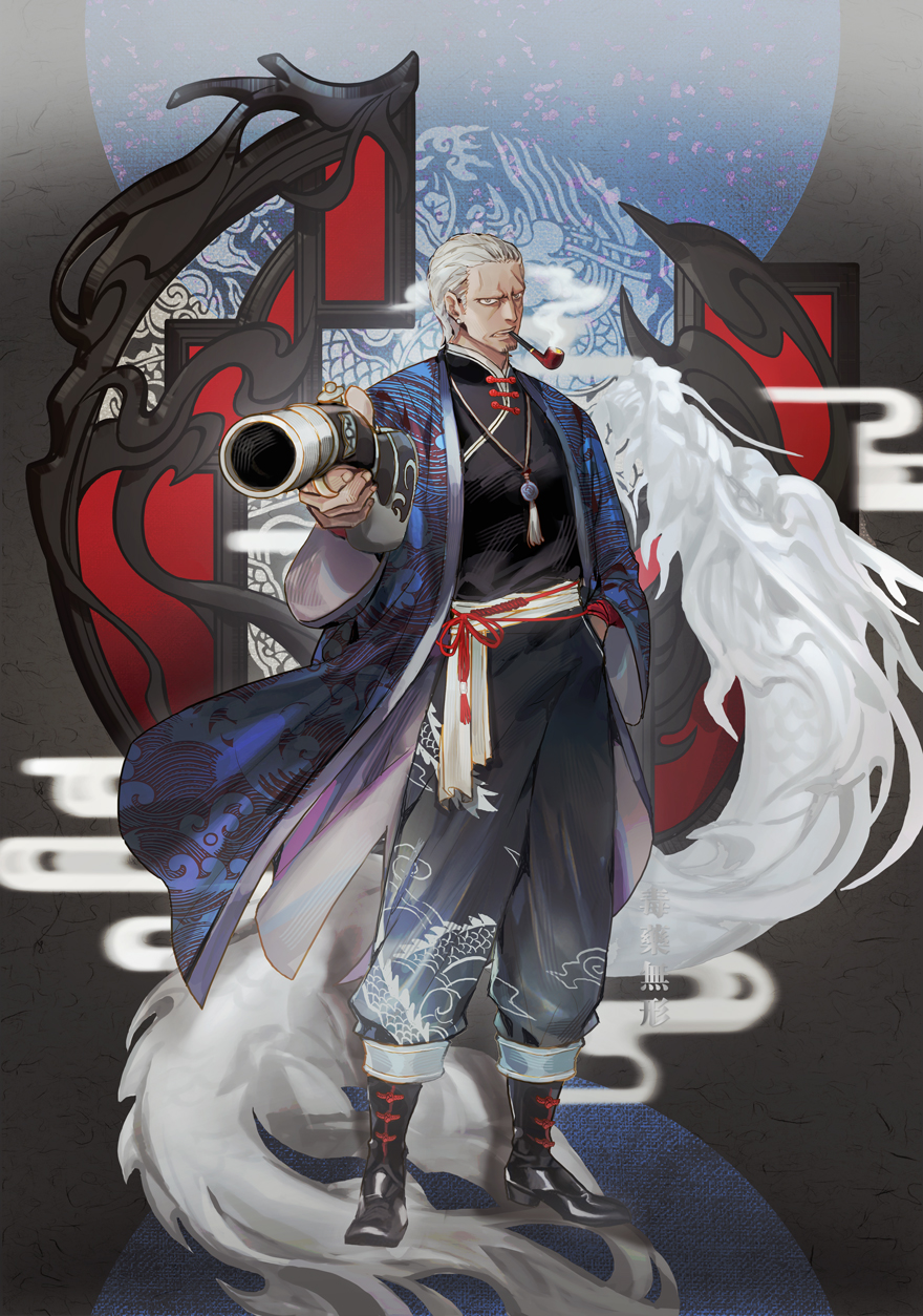 1boy benn_beckman black_footwear boots chinese_clothes dragon dywx_poison facial_hair full_body goatee gun hair_slicked_back hand_in_pocket highres holding holding_gun holding_weapon male_focus one_piece pipe sash smoke smoking solo standing weapon