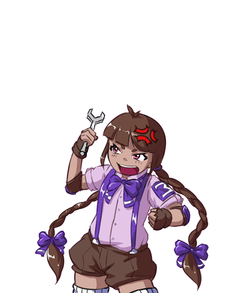 1girl ahoge anger_vein bangs blunt_bangs bow bowtie braid brown_hair brown_shorts collared_shirt commentary_request cowboy_shot david_hrusa hair_bow long_hair open_mouth pink_shirt purple_bow purple_bowtie rika_(touhou) shirt shorts simple_background suspenders teeth too_many tools touhou touhou_(pc-98) twin_braids upper_teeth violet_eyes white_background wrench