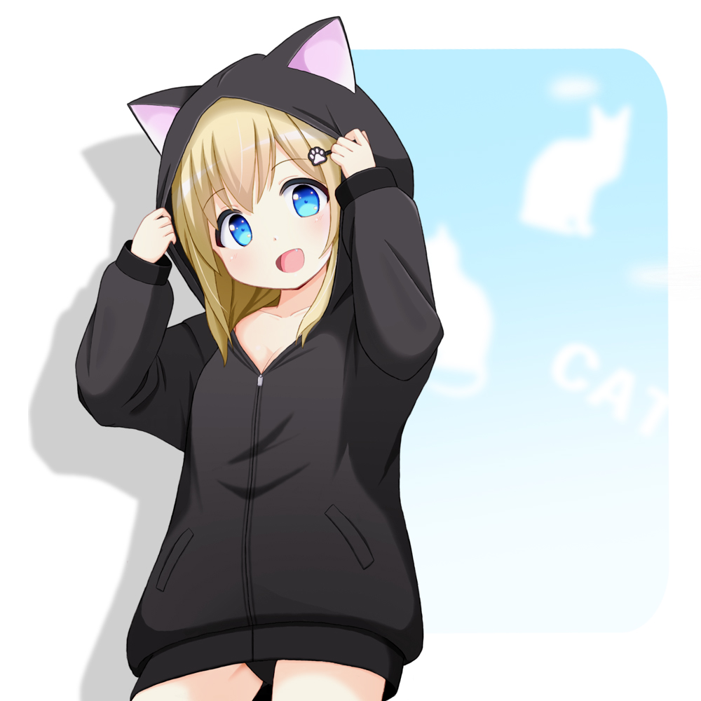 1girl :d animal_ears animal_hood bangs black_hoodie blonde_hair blue_eyes cat_ears cat_hood collarbone cowboy_shot drop_shadow eyebrows_visible_through_hair fake_animal_ears fang hands_up hood hood_up hoodie looking_at_viewer mogura2009 no_pants original paw_hair_ornament simple_background smile solo standing