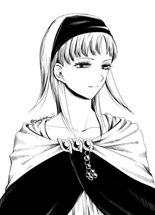 1girl cape closed_mouth collarbone dress gensou_suikoden gensou_suikoden_ii gensou_suikogaiden hairband jewelry long_hair monochrome moon sakai_(motomei) sierra_mikain simple_background solo suikoden_ii white_background