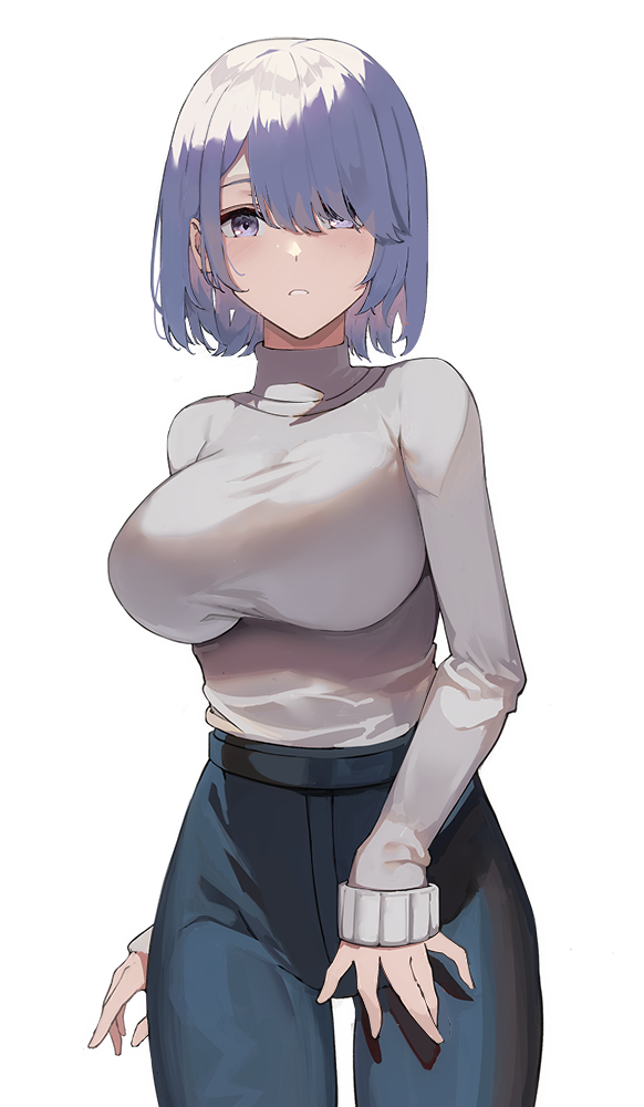 1girl \||/ arm_behind_back azur_lane bangs blue_hair blue_pants blunt_bangs breasts casual chapayev_(azur_lane) chinese_text commentary_request cowboy_shot hair_over_one_eye large_breasts legs_apart long_sleeves looking_at_viewer manu_(pixiv41646715) medium_hair open_mouth pants parted_bangs parted_lips shirt shirt_tucked_in simplified_chinese_text solo standing taut_clothes taut_shirt white_background white_hair