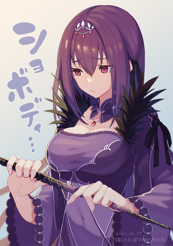 1girl absurdres breasts crossed_arms dress fate/grand_order fate_(series) fur_trim highres jewelry large_breasts long_hair pendant purple_hair red_eyes scathach_(fate)_(all) scathach_skadi_(fate/grand_order) tiara tomoueichi wand