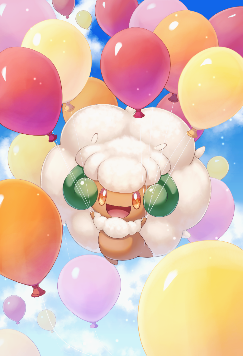 :d balloon clouds commentary_request day floating holding holding_string kuromaru_(vxyn7345) looking_at_viewer no_humans open_mouth orange_eyes outdoors pokemon pokemon_(creature) sky smile solo string tongue whimsicott