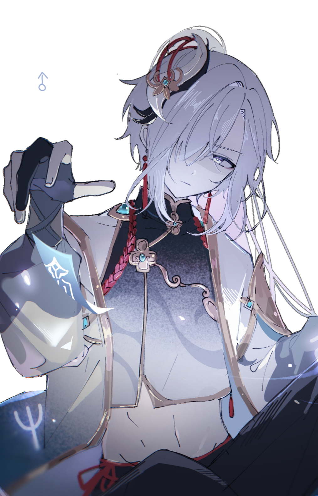 1boy bangs black_gloves blue_eyes chinese_clothes closed_mouth crop_top detached_sleeves earrings genderswap genderswap_(ftm) genshin_impact gloves hair_ornament hair_over_one_eye highres jewelry male_focus mars_symbol navel pale_skin partially_fingerless_gloves shemika98425261 shenhe_(genshin_impact) simple_background talisman tassel white_background white_hair