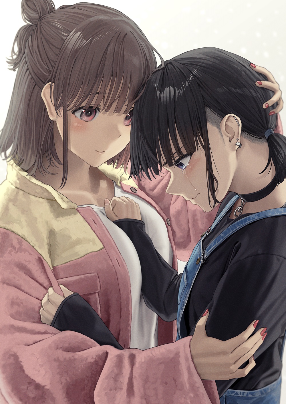2girls arm_between_breasts between_breasts black_choker black_hair black_shirt blue_eyes blue_overalls blush breasts brown_hair choker closed_mouth commentary crying crying_with_eyes_open english_commentary hand_on_another's_head highres jacket large_breasts long_sleeves looking_at_viewer multiple_girls noeru open_clothes open_jacket original overalls pink_eyes shirt short_hair simple_background smile tears upper_body white_background white_shirt