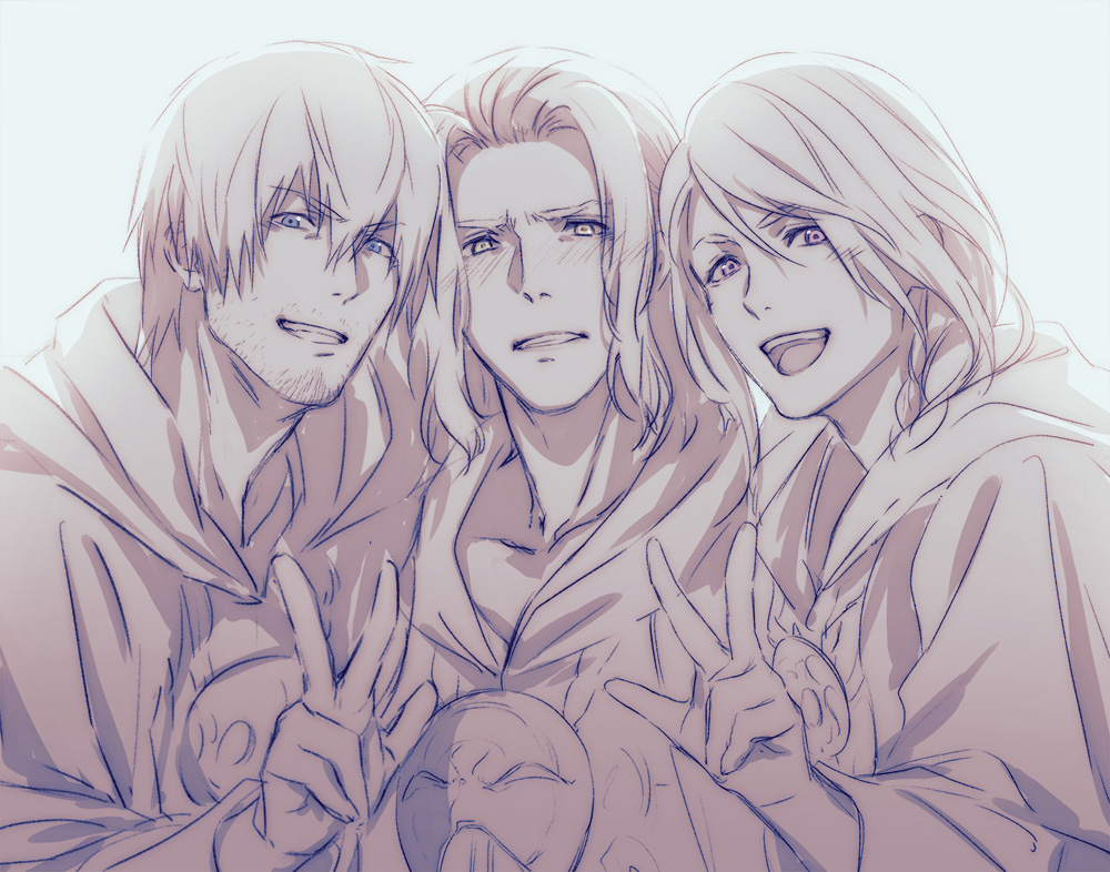 3boys blush braid emet-selch eyebrows_visible_through_hair facial_hair final_fantasy final_fantasy_xiv hood hood_down hoodie hythlodaeus long_hair looking_at_viewer male_focus monochrome morumoru_(kuromrmr) multiple_boys open_mouth sandwiched simple_background single_braid smile upper_body v warrior_of_light