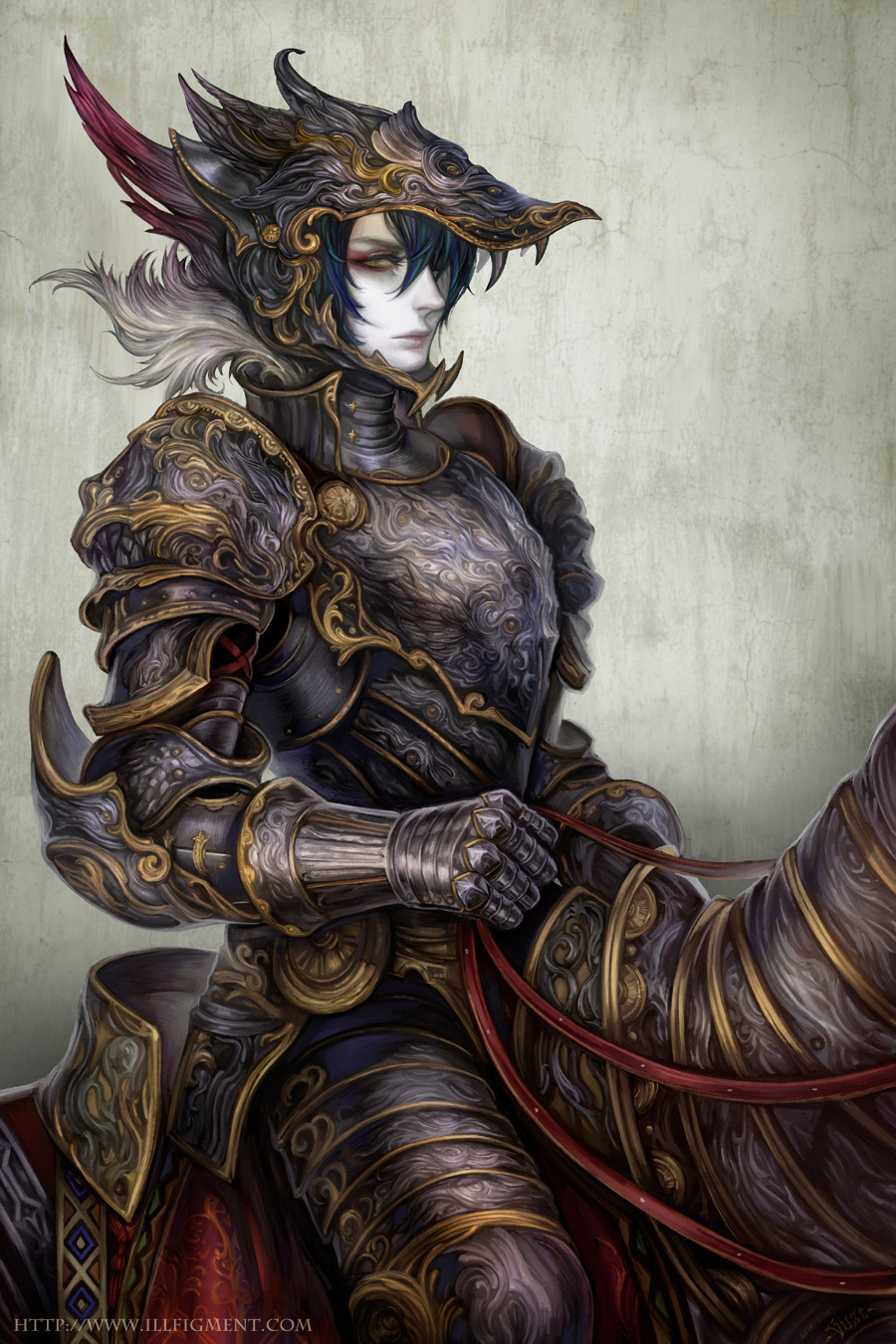 1other ambiguous_gender aqua_hair armor artist_name blonde_hair blue_hair breastplate closed_mouth dark_blue_hair eyelashes eyeshadow gauntlets gradient greaves green_eyes helm helmet highres holding horse makeup multicolored_hair original patterned pauldrons purple_hair red_eyeshadow scar scar_on_face shoulder_armor streaked_hair vambraces vusc